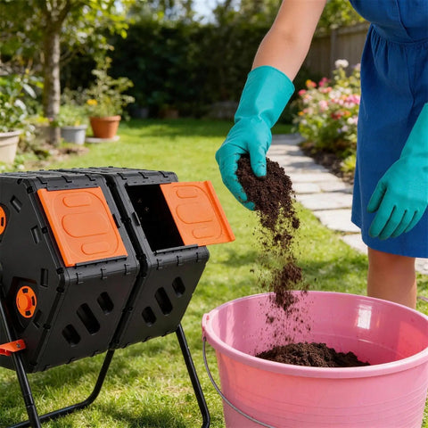 170L Outdoor Compost Tumbler With Ventilation System, kitchen scraps into pink bucket, in garden setting