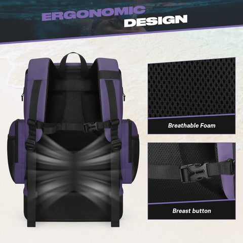 Back view of 35L Waterproof Swim Backpack With Separate Shoes Compartment, showing ergonomic design features and breathable foam.