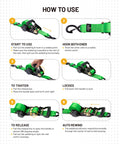 Instructions for using Beefy Retractable Ratchet Tie-Down Straps With 5,000 Lbs Breaking Strength, highlighting key steps and features.