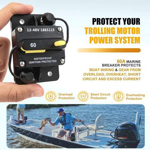 Slick 60 Amp Marine Circuit Breaker Replacement, 60A, waterproof with ignition protection, for trolling motor power system.