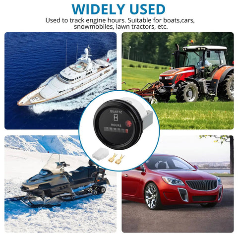 Keep Track Of Engine Hours With This Rugged Quartz Hour Meter For 6V To 80V Systems, 12V Industrial Gauge With Metal Mount Bracket, anti-vibration, waterproof design on boats, tractors, snowmobiles, and cars