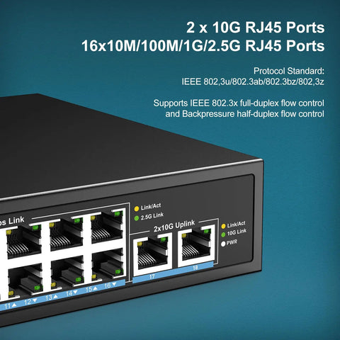 Close-up of Beefy Unmanaged 18-Port 2.5G Switch with Dual 10GBASE-T Ports, showing 16x2.5G and 2x10G RJ45 ports