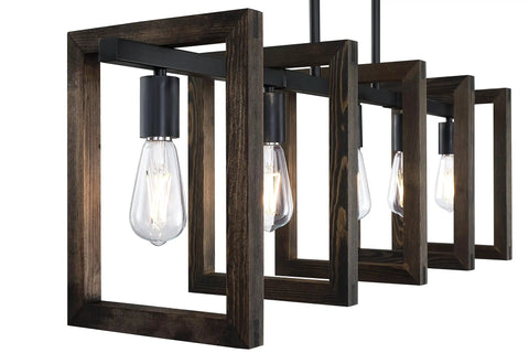 5 Light Rustic Farmhouse Pine Wood Hanging Kitchen Island Chandelier with black metal frame showcasing Edison bulbs