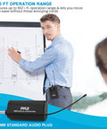 Man using Dual UHF Wireless Microphone System Kit With Headset Or Lavalier Mics, Beltpack Transmitter And Receiver in presentation