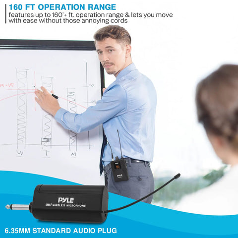 Man using Dual UHF Wireless Microphone System Kit With Headset Or Lavalier Mics, Beltpack Transmitter And Receiver in presentation