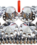 Chrome ABS Axle Cover Set With Hub Caps And 33mm Screw On Spiked Lug Nut Covers For Semi Trucks, 2 front, 4 rear, with install tool.