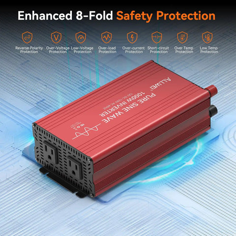Pure Sine Wave Inverter 1000W Continuous Power With 2000W Peak, 12V DC To 110V And 120V AC Converter, red design