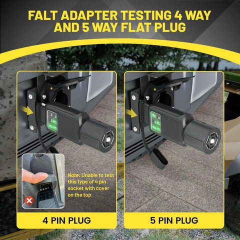 3 in 1 Trailer Plug Tester for 4 Pin Flat, 5 Pin Flat, and 7 Pin RV Connectors With Double Sided LED Indicators, 5 Way and 7 Way Trailer Light Tester, Fits Most Trucks, Not For Vehicles With Lamp Out Sensor. 4 pin and 5 pin trailer plug tester on truck connector
