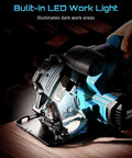 Heavy Duty 6-1/2 Inch Cordless Circular Saw Featuring Twin 21V 8000 Mah Battery Set And Rapid Charger Kit with built-in LED work light.