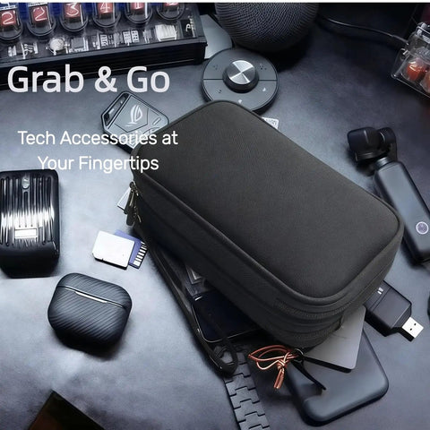 Waterproof Double Layer Travel Cord Organizer Pouch For Electronics Accessories Charger USB Cables Gadgets All In One Storage Bag Black on desk