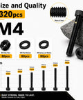 M4 Screw Kit With Hex Socket Head Bolts Nuts And Washers, 320 Pcs, 12.9 Grade Alloy Steel Black Oxide, shown with sizes.