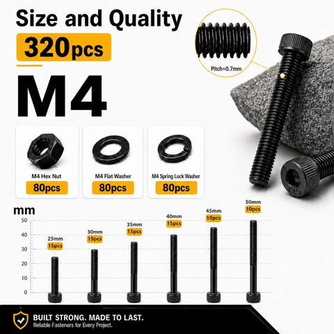 M4 Screw Kit With Hex Socket Head Bolts Nuts And Washers, 320 Pcs, 12.9 Grade Alloy Steel Black Oxide, shown with sizes.