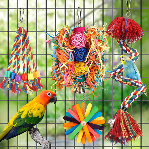 Colorful All In One Bird Toy Set With Rope Perch And Bell Foraging Chewing Shredding Toys For Parrots Conures Cockatiels