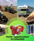 Heavy Duty Portable 110V Fuel Transfer Pump With Manual Nozzle For Gas Diesel Kerosene Biodiesel And More Self Priming 10 GPM Oil Transfer Pump For Home Garage Shop Farm Use displayed with various application scenarios including Jeep and RV