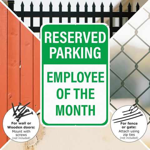 12 By 18 Inches Employee Of The Month Parking Signs 2 Pack Reflective Aluminum Waterproof Fade Resistant Heavy Duty Outdoor Reserved Parking Signage With UV Protected Finish, green reserved parking sign on fence