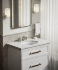 Bathroom with Undermount Single Bowl Bath Sink With Sealed Overflow In White Vitreous China, Durable Under Counter Design, Exterior About 19 1/4 Inches Long By 16 1/8 Inches Wide, Interior 17 By 14 Inches, Easy Install, Classic White Finish on a vanity.