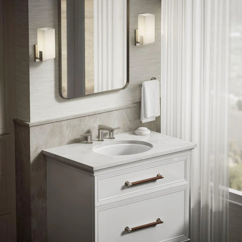 Bathroom with Undermount Single Bowl Bath Sink With Sealed Overflow In White Vitreous China, Durable Under Counter Design, Exterior About 19 1/4 Inches Long By 16 1/8 Inches Wide, Interior 17 By 14 Inches, Easy Install, Classic White Finish on a vanity.