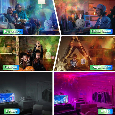 Lit Galaxy Projector With Remote Control And Timer creating starry sky in various room settings like game room and kids room.