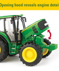 1/16 Scale Farm Tractor With Wagon Toy For Kids, hood lifted showing engine, imaginative play ready, realistic lights and sounds