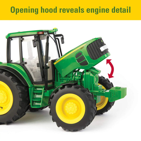 1/16 Scale Farm Tractor With Wagon Toy For Kids, hood lifted showing engine, imaginative play ready, realistic lights and sounds