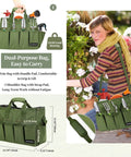 Heavy Duty Garden Tool Tote Bag With Stand Up Bottom And Built In PE Foam 900D Tool Organizer shown with tools and shoulder strap