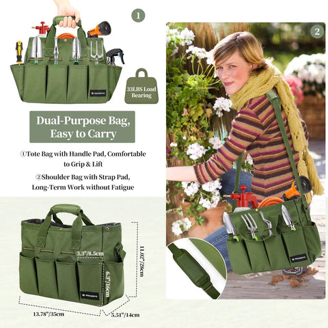 Heavy Duty Garden Tool Tote Bag With Stand Up Bottom And Built In PE Foam 900D Tool Organizer shown with tools and shoulder strap