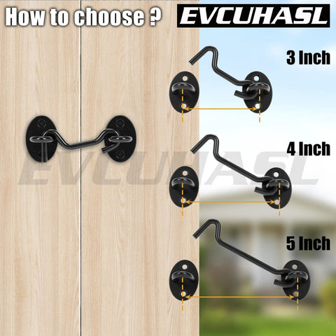 Rock Solid 3 Inch Matte Black Hook And Eye Latch For Swing Barn Doors Patio Gates showing size options of 3, 4, and 5 inches.