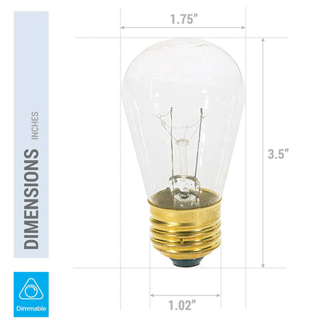 11S14 C 11W Replacement Incandescent Bulbs Clear Glass 2700K Warm White Cozy Glow Dimmable E26 Medium Base dimensions diagram