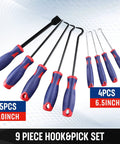9 Piece Precision Pick And Hook Set With Scraper for auto and electronics, showing 5 long and 4 short hooks with various angles