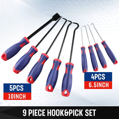 9 Piece Precision Pick And Hook Set With Scraper for auto and electronics, showing 5 long and 4 short hooks with various angles