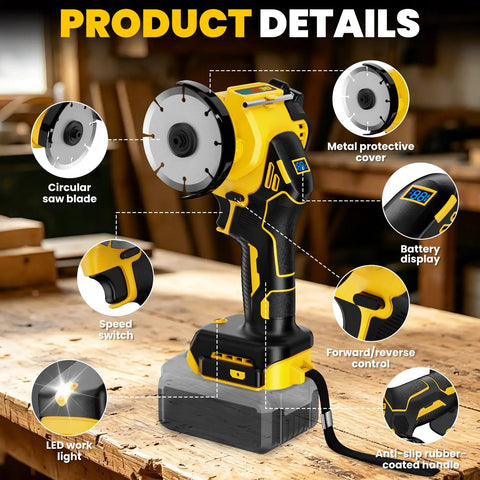 Badass Cordless Cut Off Tool With Brushless Motor And Variable Speed, showcasing circular saw blade and battery display.