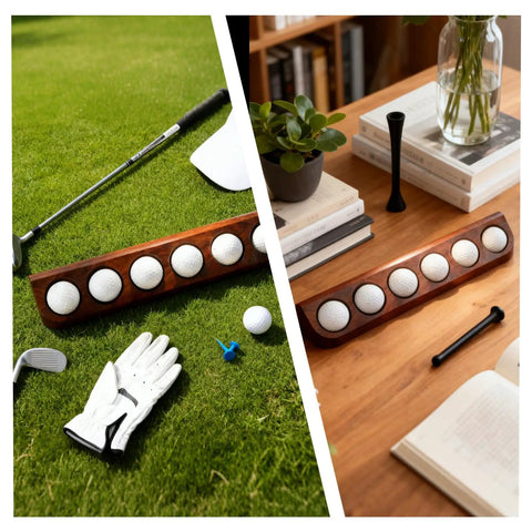 Two Pack Walnut Wood Golf Ball Display Case Wall Mount Set Holds Six Standard Golf Balls Each For A Total Of Twelve shown outdoors and indoors