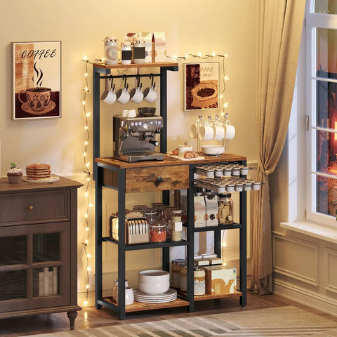 Rustic Brown Five Tier Bakers Rack With Storage And Pod Drawer Holder Dope Coffee Bar Station for living room with mugs and pods
