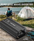 1500W Pure Sine Wave Inverter 12V DC To 110V AC Power Converter With UL Fuses, Three Outlets And 2.4A USB next to tent