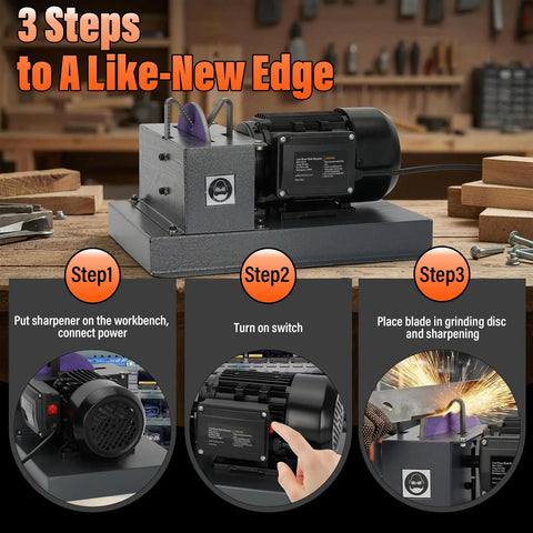 3-step guide for using the Rock Solid Lawn Mower Blade Sharpener Bench Grinder with 500 Watt Motor and 7 Inch Wheel.
