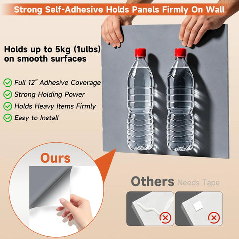 Ultimate Brick Shape Acoustic Panels Made From High Density Polyester Fiber To Blast Away Echoes And Silence Reverb Delivering Pro Grade Noise Reduction For Walls And Ceilings Perfect For Sound Proofing Home Studios And Gaming Rooms Value Pack Of 24 Self-adhesive panel with water bottles demonstrating weight support.