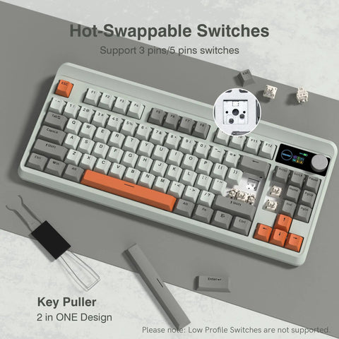 75 Percent Mechanical Keyboard With Tri Mode Wireless Connection And Interactive TFT Display Featuring A Programmable Knob For Custom GIFs And Next Level Typing On Your Dope Gaming Rig with hot-swappable switches.