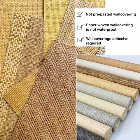Real Deal Grasscloth Wallpaper Featuring Textured Woven Weave And Natural Plant Fiber Texture Sets Top Tier Decor Vibes For Any Room While Making Installation Dead Straight With Heavy Duty Non Prepasted Roll In Classic Beige samples showing beige woven textures.