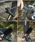 Bike Cleaning Kit With Chain Scrubber Degreaser Chain Lube Wheel Brush Claw Brush And Cleaning Agent shown in use on bike
