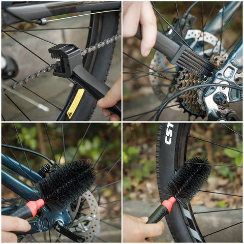 Bike Cleaning Kit With Chain Scrubber Degreaser Chain Lube Wheel Brush Claw Brush And Cleaning Agent shown in use on bike