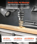 Close-up of Smooth Running Benchtop Mill Drill Press With Kickass 2 HP Motor and secure grip drilling wood with precision.
