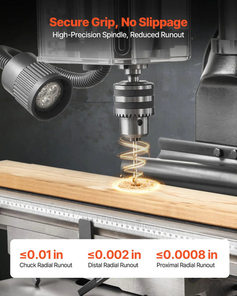 Close-up of Smooth Running Benchtop Mill Drill Press With Kickass 2 HP Motor and secure grip drilling wood with precision.