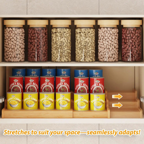 Expandable Bamboo Can Rack Organizer For Pantry With Three Tier Telescopic Design Holds Twenty Four Soda Cans Space Saving Kitchen Gadget To Flex Your Pantry Game Game Changer Built Tough For Daily Use in use with jars and canned goods.
