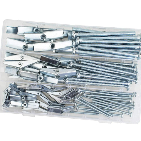 Heavy Duty Toggle Bolts And Wing Nut Set For Drywall Hanging One Eighth Inch Three Sixteenth Inch And One Quarter Inch Sizes Zinc Plated Carbon Steel For Rust Resistance Collapsible Design Includes 48 Pieces For Shelves Mirrors And TVs, assorted sizes in case