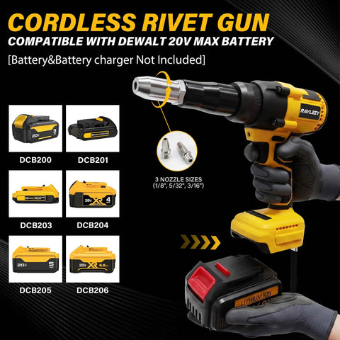 Real Deal Brushless Cordless Rivet Gun Built Tough For Pro Contractors Who Want A Smooth Operator Power Tool showing nozzles and compatibility with DeWalt 20V MAX.
