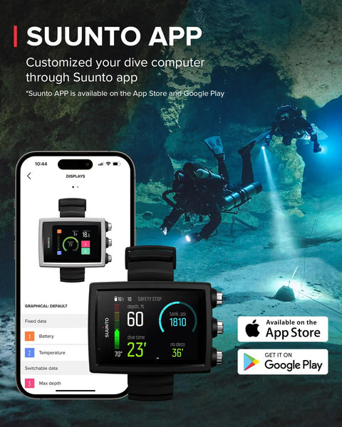 Compact Wrist Dive Computer With USB, Bright High Contrast Screen, Customizable Display, divers exploring an underwater cave
