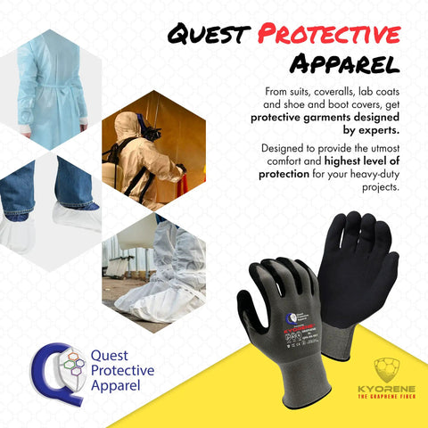 Quest Protective Apparel promotional image featuring various protective clothing and Lightweight Graphene Fiber Cut Resistant Work Gloves ANSI A1.