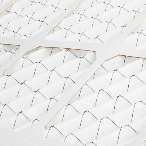 Close-up of 20x20x1 Air Filter 6 Pack MERV 11 with electrostatic fibers trapping dust, pet dander, and pollen for AC and furnace.