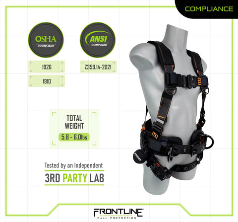 Lite Full Body Harness With Aluminum Hardware, OSHA And ANSI Compliant, Size M-L on mannequin, safety features displayed
