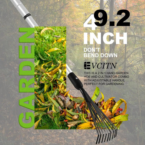 Adjustable Leaf Rake And 9 Tine Cultivator Tool With 49 2 Inch Aluminum Rubber Handle, garden scene, fallen leaves and tool usage